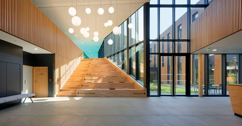 Entrance lobby with wide timber stair, sphere pendant lights and floor-to-ceiling glazed wall