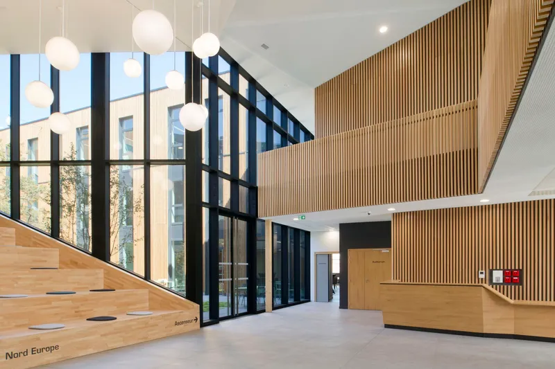 Entry hall with timber slatted wall and tiered wooden seating beneath clustered pendant lights