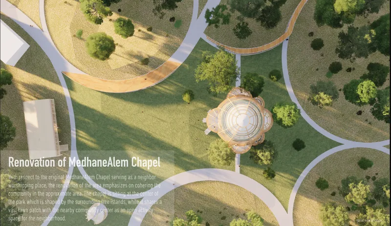 Aerial masterplan showing chapel at the center of interconnected tree islands and pedestrian pathways.
