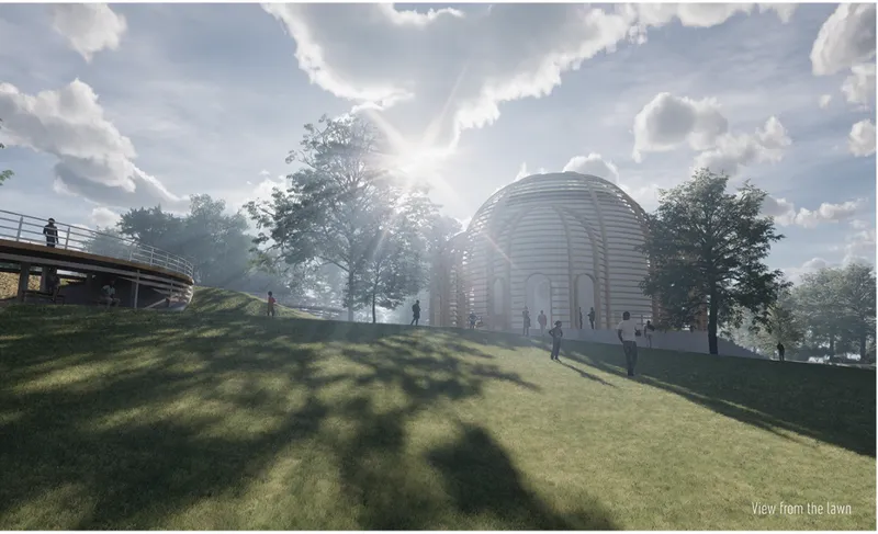 Chapel emerging from the landscape, capturing light and shadow across the open lawn.