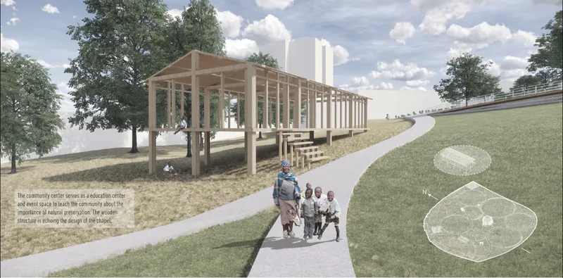 Elevated community pavilion designed for education, gathering, and shaded interaction.