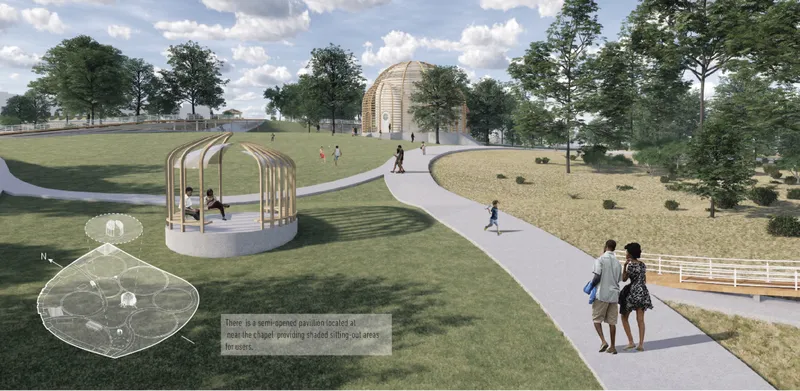 Open green space with pavilion foreground and chapel anchoring the landscape composition.