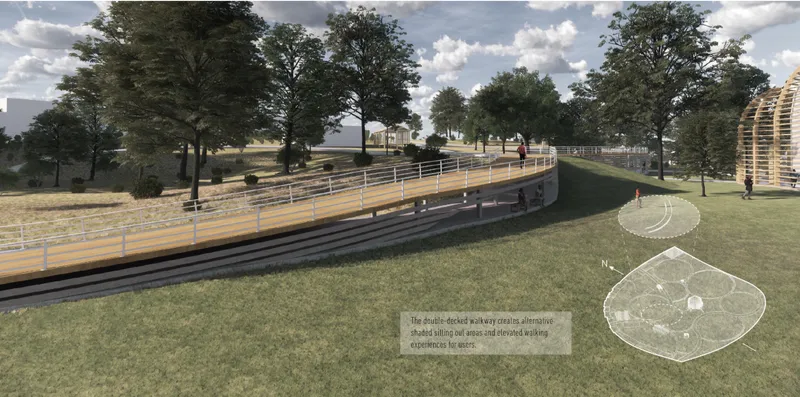 Double-level walkway creating layered circulation and varied spatial experiences.