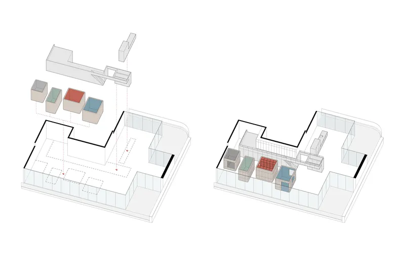 Axonometric diagrams illustrating spatial organization with colored volume insertions within the roof perimeter