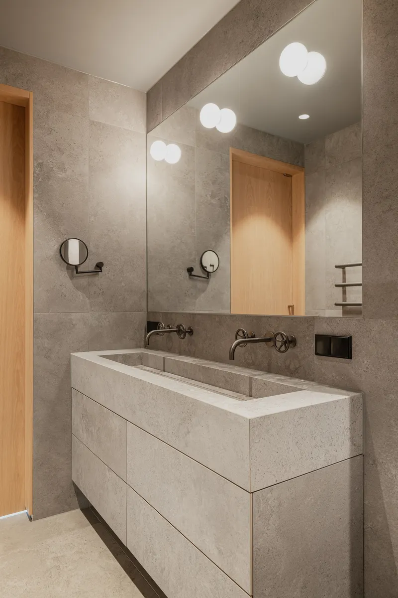 Bathroom with integrated stone vanity, wall-mounted faucets, and spherical pendant lights above the mirror