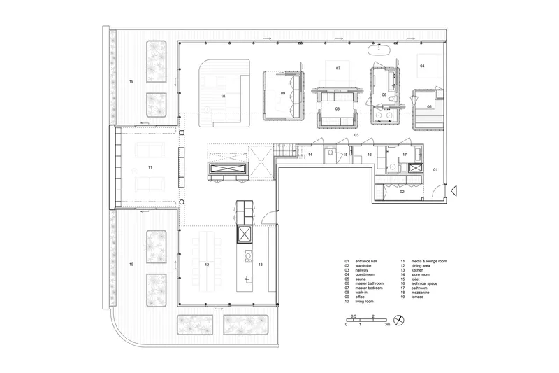Floor plan drawing showing an open layout with living spaces, terrace, and bedroom suites