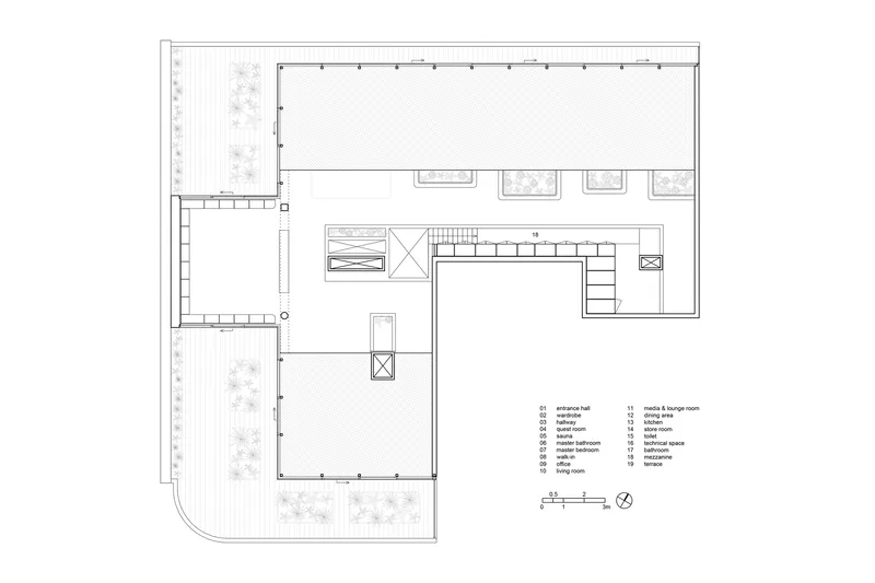 Floor plan showing an L-shaped layout with central staircase and surrounding planted beds