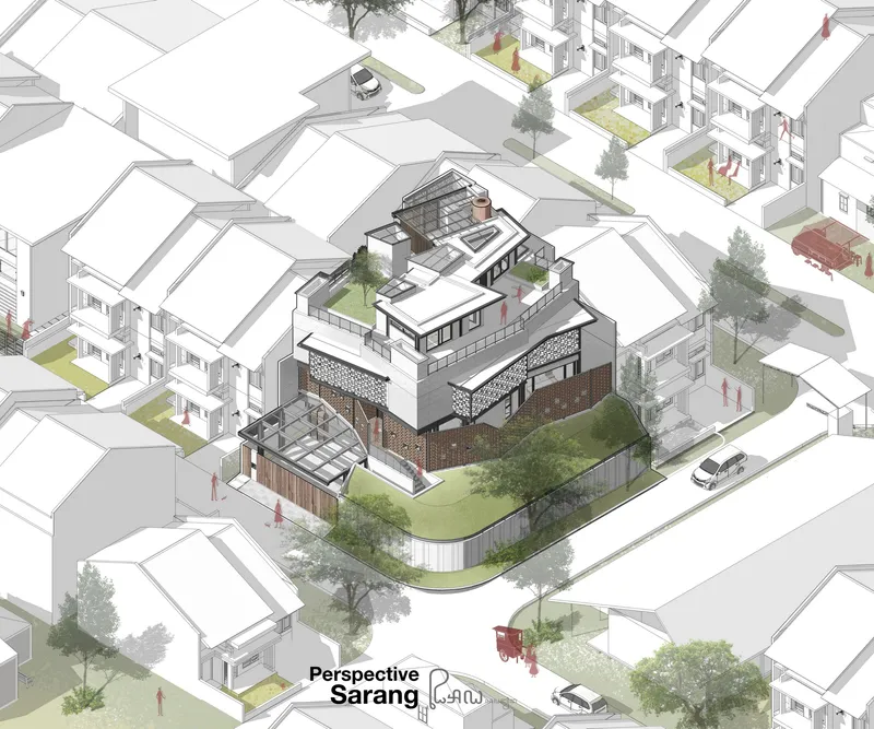 Isometric drawing of a multi-story residence with patterned facades set within a neighborhood of pitched-roof houses