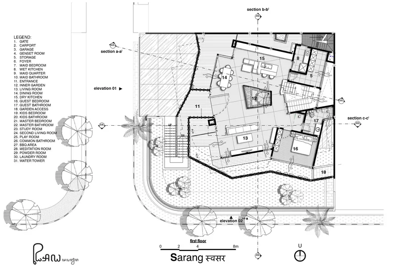 First floor plan drawing showing living areas, dining room, stairs and outdoor terrace