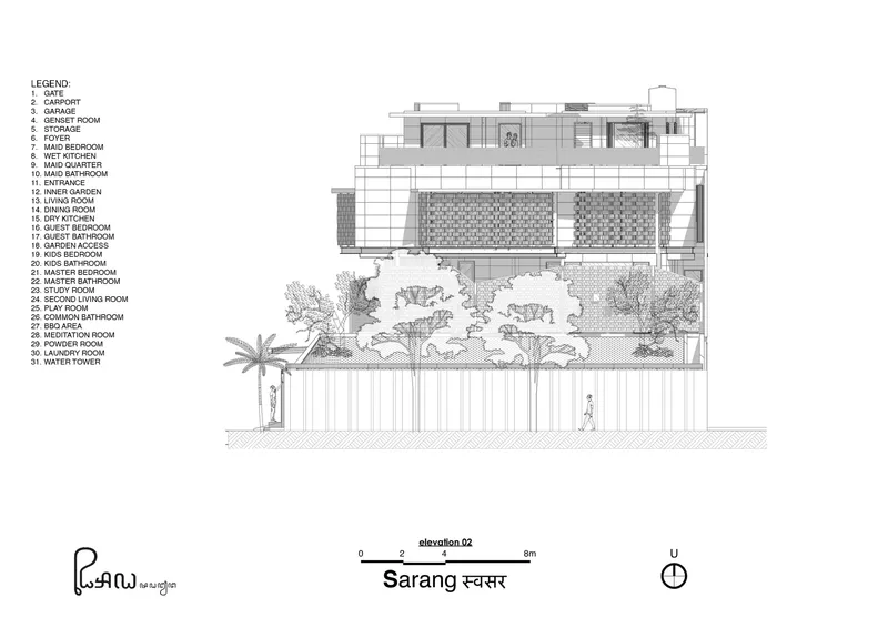 Elevation drawing showing multi-level facade with textured screens and planted terrace below palm