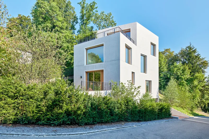 White rendered facade with stacked volumes and timber-framed windows surrounded by dense green foliage