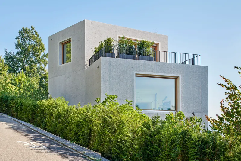 Upper terrace with metal railings and planted containers overlooking a sloped access road