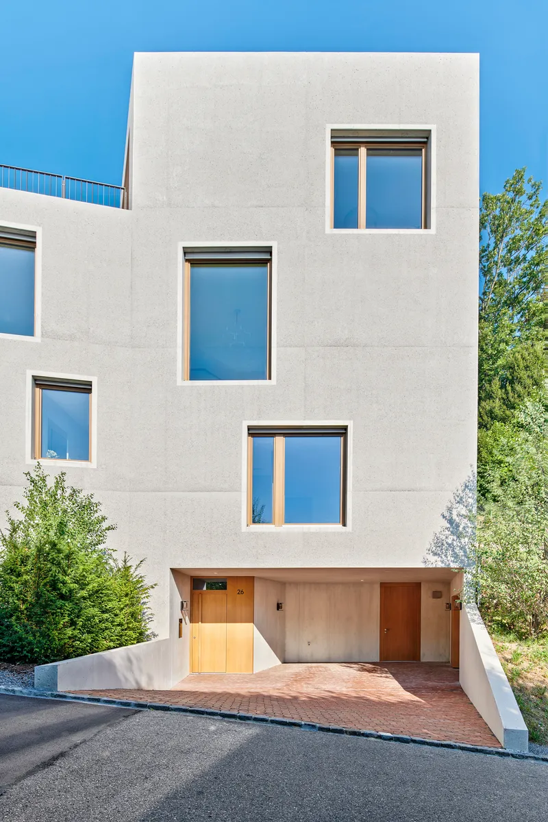 Street-facing facade with offset window openings above a recessed entry loggia and timber door