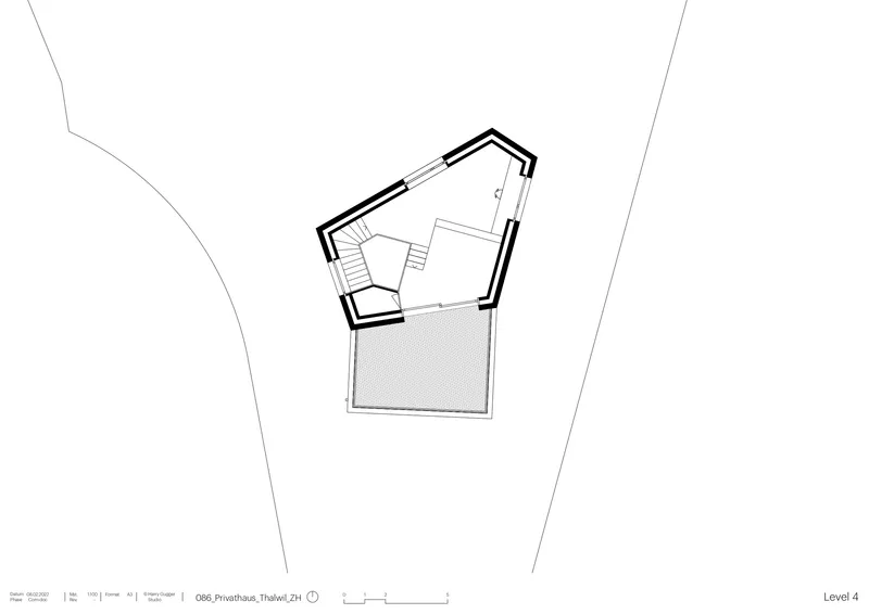 Floor plan drawing showing an angular upper level with outdoor terrace space