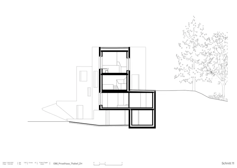 Section drawing showing the cantilevered stacked volumes against the sloping terrain with trees at right