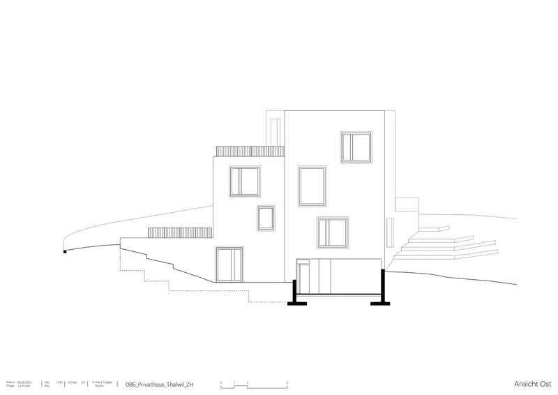 Elevation drawing showing the eastern facade with scattered windows and a sloping site descending right