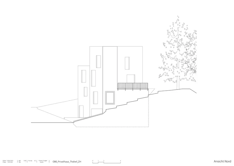 Elevation drawing showing the northern facade with vertical window patterns and a sketched tree beside the building