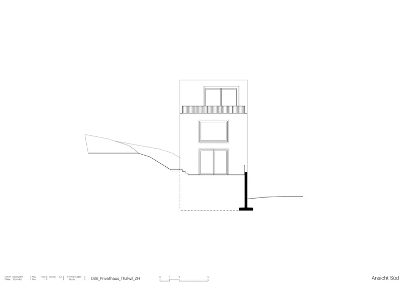 Elevation drawing showing the southern facade with three levels of openings on sloping terrain