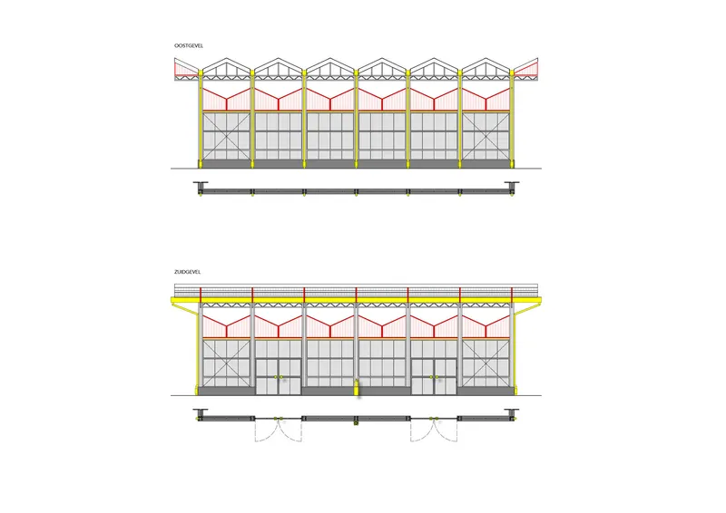 Elevation drawings showing a glass-walled structure with yellow columns and repeating zigzag roof trusses