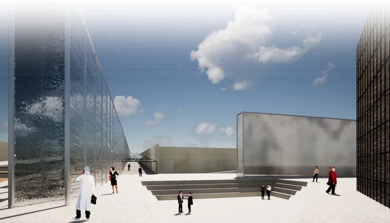 Reflective water wall simulating rising sea levels through immersive architectural experience