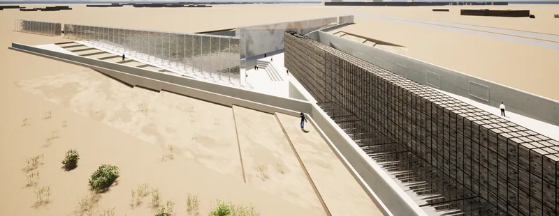 Linear desert intervention revealing the spatial tension between landscape and climate narrative