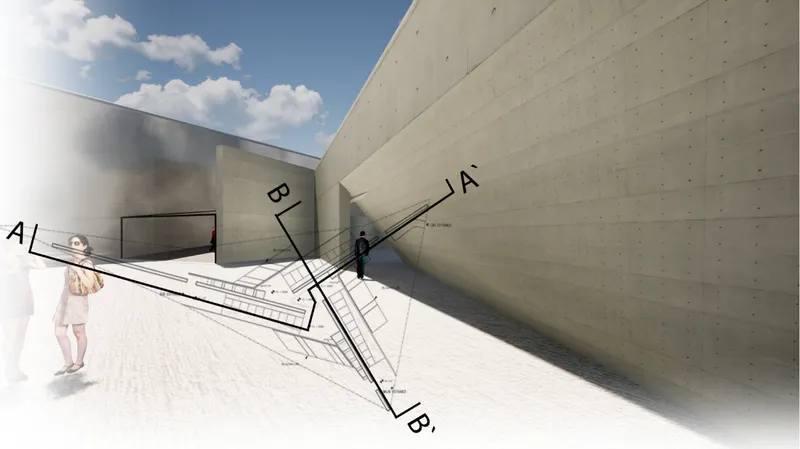 Angular concrete thresholds directing movement through intersecting exhibition axes