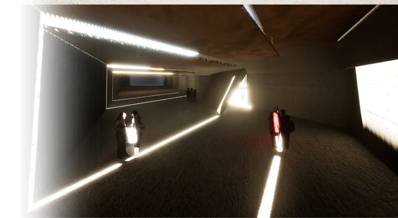 Subterranean corridor with sharp light cuts guiding a controlled, introspective journey
