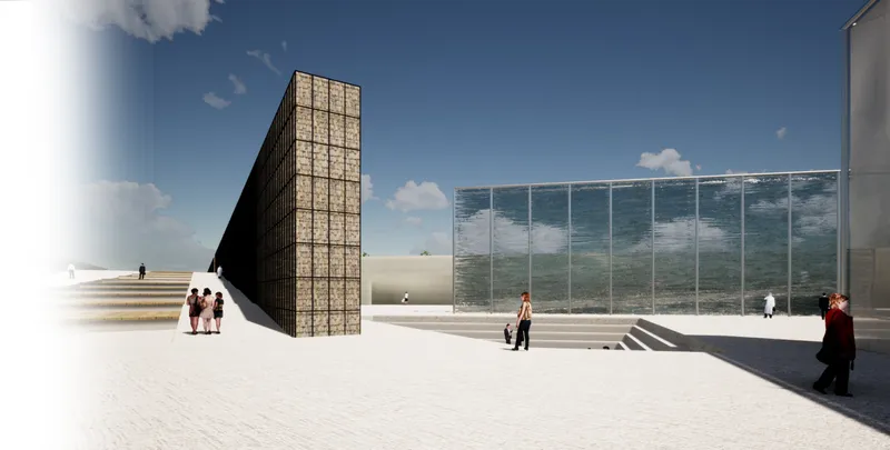 Monumental walls contrasting water, earth, and air as spatial representations of climate crises