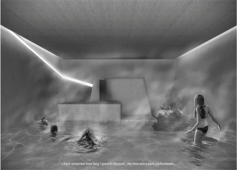 A surreal interior where pleasure and environmental impact merge in heated immersion.