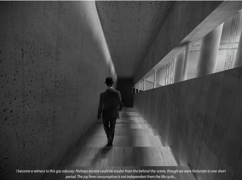 The descent reveals hidden infrastructures, exposing the reality behind consumption.
