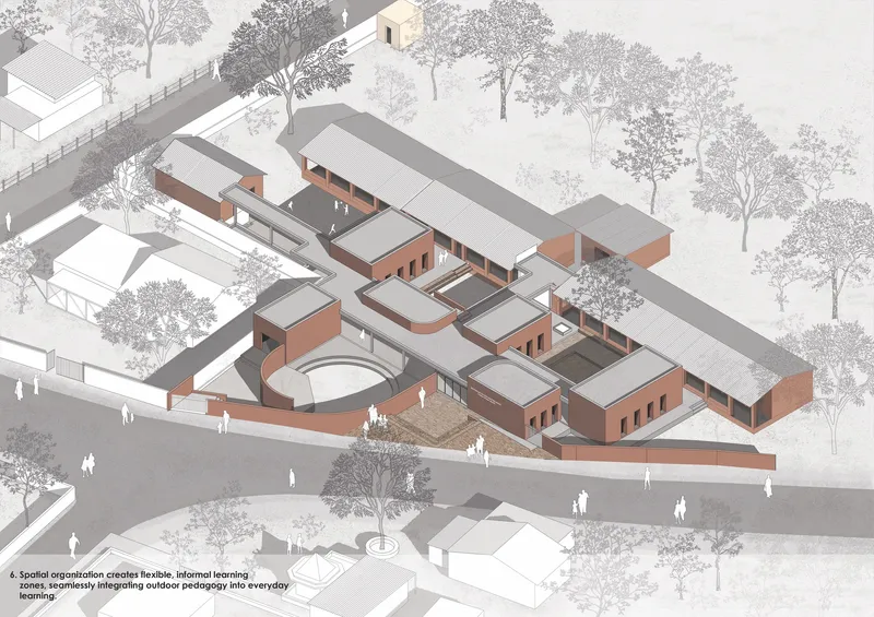 Axonometric drawing depicting red brick volumes with courtyards and people walking along the street edge