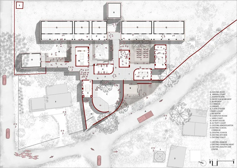 Site plan drawing showing campus buildings with red circulation paths winding through courtyards and scattered trees