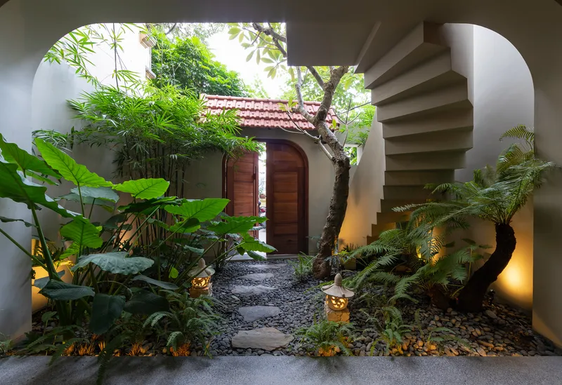 Interior courtyard garden with stepping stone path, ferns, broad-leafed plants and uplighting at dusk
