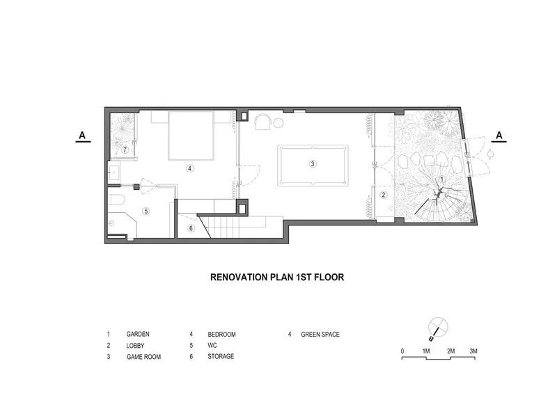 First floor plan showing bedroom and game room with interior garden and spiral stair