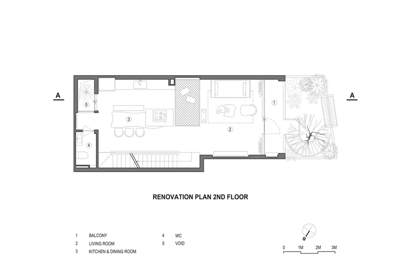 Second floor plan showing open living room with balcony and kitchen dining area