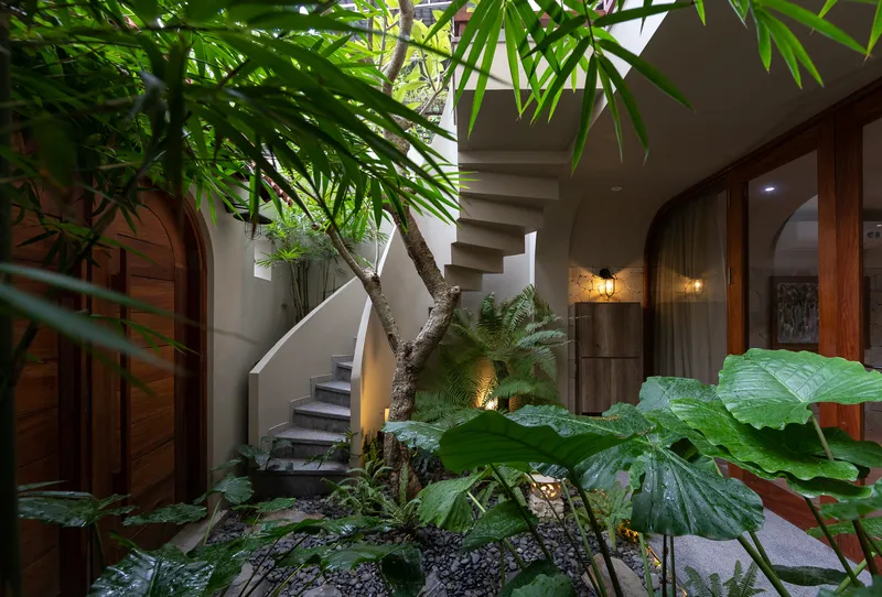 Cantilevered staircase rising beside a slender tree in a planted courtyard at twilight
