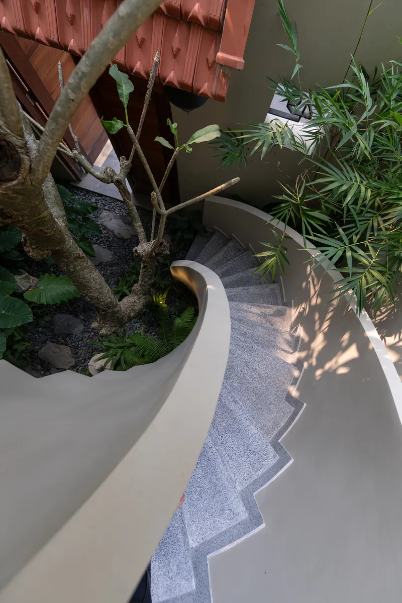 Top-down view of the curved terrazzo staircase descending around a planted courtyard with dappled sunlight