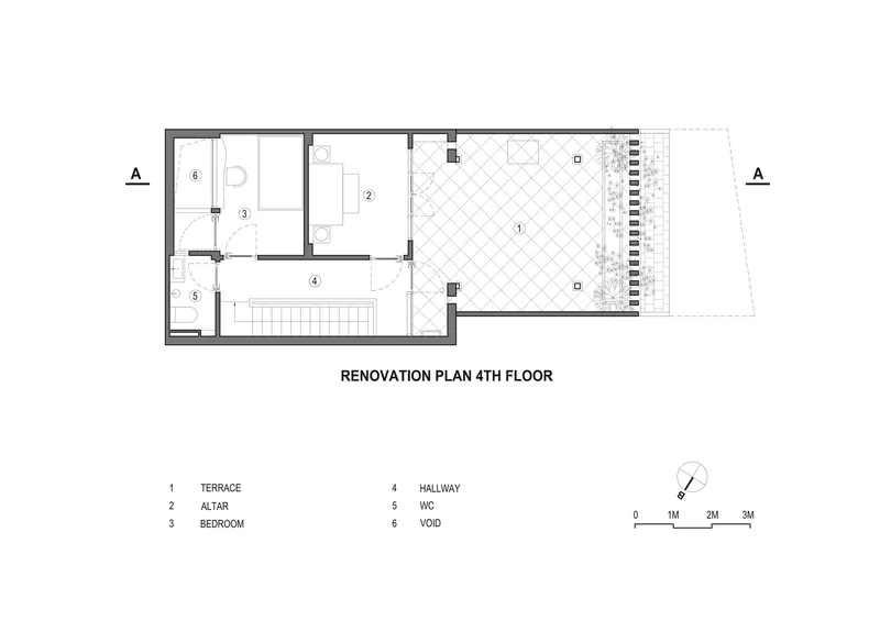 Fourth floor plan showing bedroom and terrace with diagonal paving pattern
