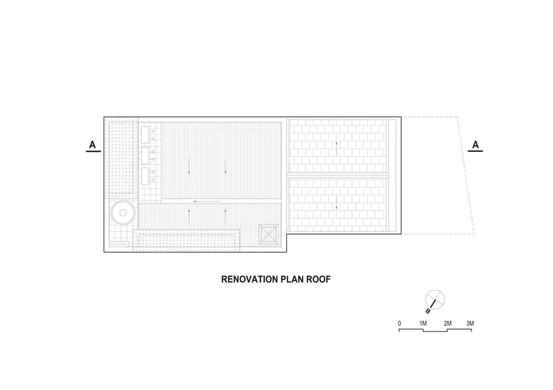 Roof plan showing terrace with linear wood decking and tiled pitched roof area