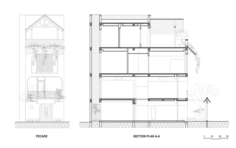 Elevation and section drawings showing four-story structure with balconies and planted terraces