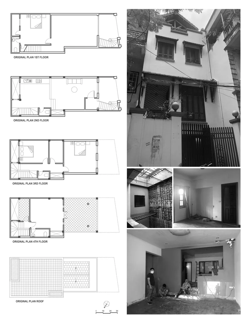 Floor plans from first floor to roof alongside photographs of the narrow white facade and interior spaces