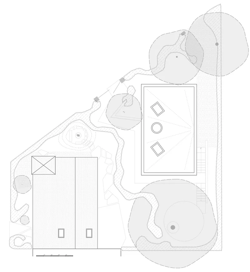 Roof plan drawing showing two rectangular structures with pyramidal and flat roofs within a topographic landscape