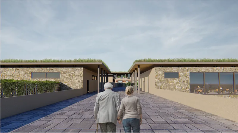 Central pedestrian axis connecting volumes in a village-like layout