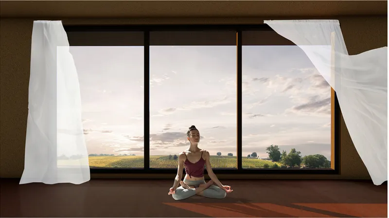 Meditation space framing vineyard views through large panoramic openings