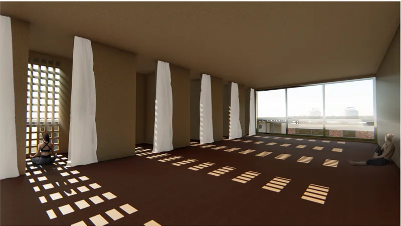 Interior wellness area defined by light, shadow, and rhythmic columns