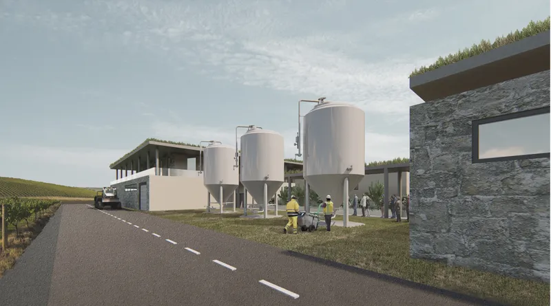 Industrial wine production zone juxtaposed with natural material palette