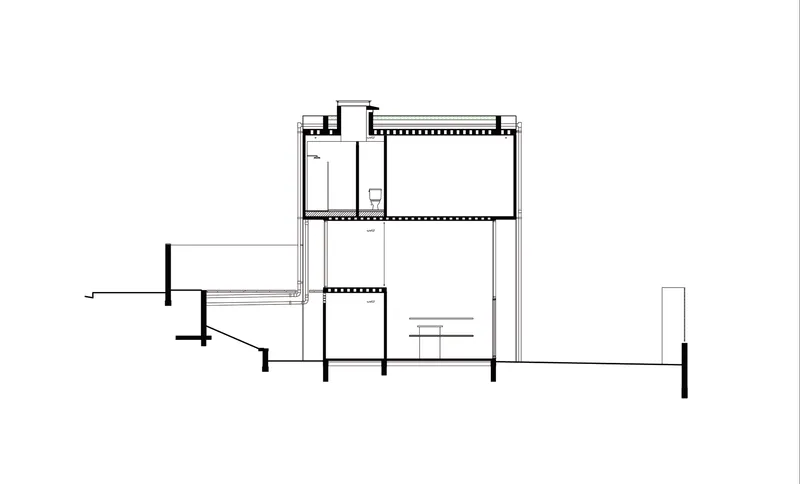 Section drawing showing three-story volume with stair connecting levels and exterior terrace element
