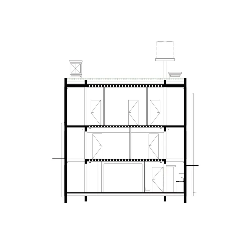 Section drawing showing four levels with timber floor joists and rooftop equipment