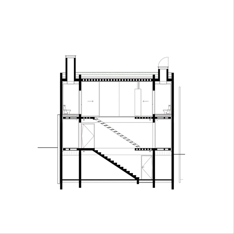 Section drawing revealing interior staircase cutting diagonally through three levels