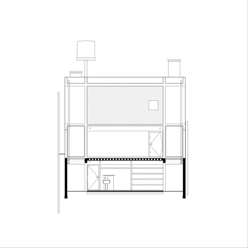 Section drawing through upper level courtyard with textured screen wall and rooftop water tank